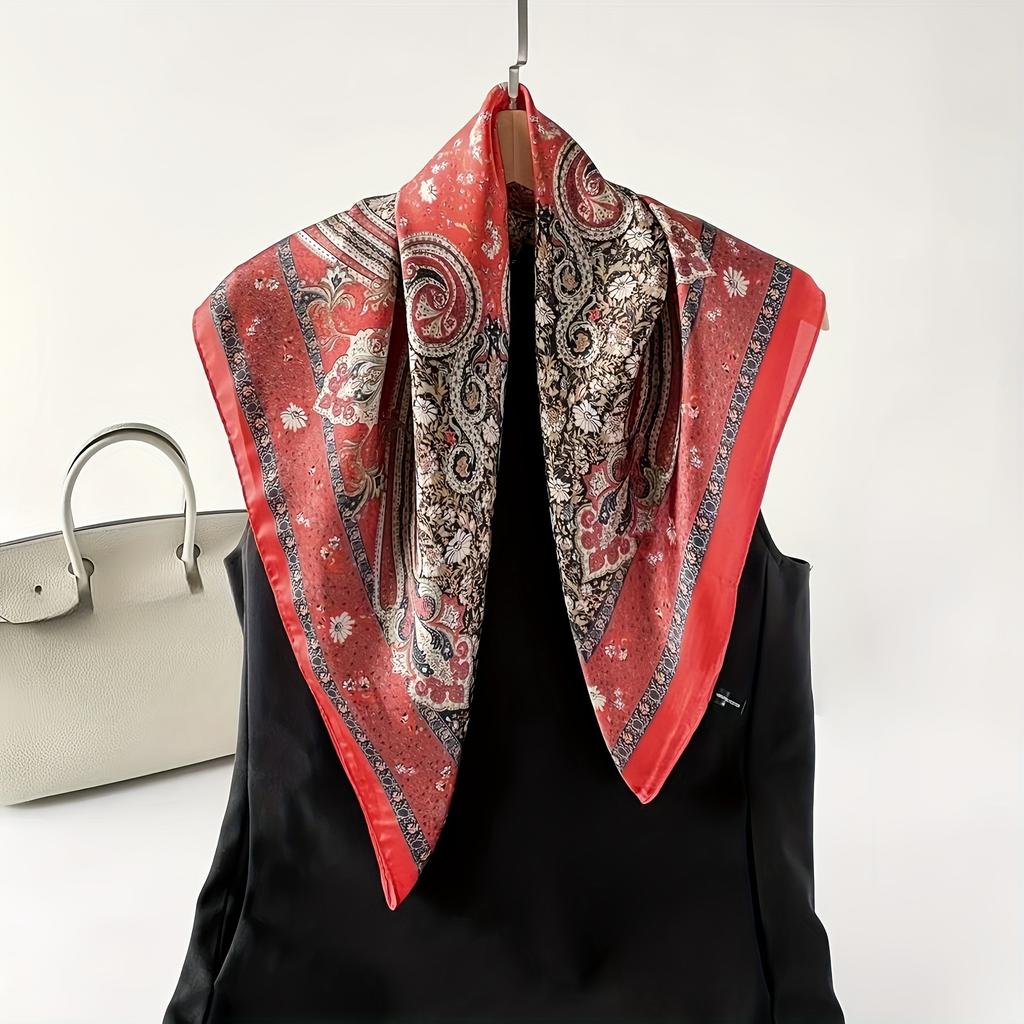 Elegant Women's Satin Square Scarf Vintage Paisley Floral Pattern Soft Silky Neck Scarf Headband Shawl Ladies Hairbands