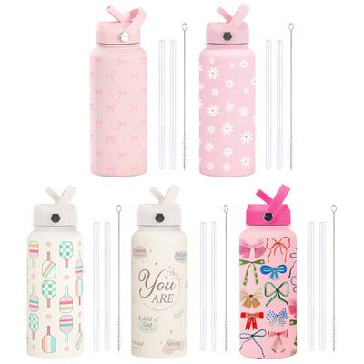 1L Isolerad Vattenflaska med Fällbart Sugrör och Handtag Rosa Rosett Termosflaska Bred Öppning Rostfritt Stål för Resa Gym och Skola