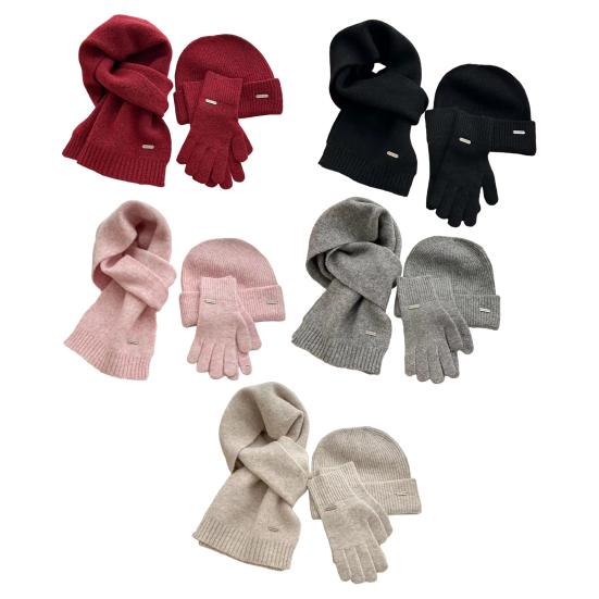 3Pcs/Set Women Hat Scarf Gloves Set Solid Color Ribbed Trim Brimless Hat Long Scarf Warm Gloves Set Winter Accessories