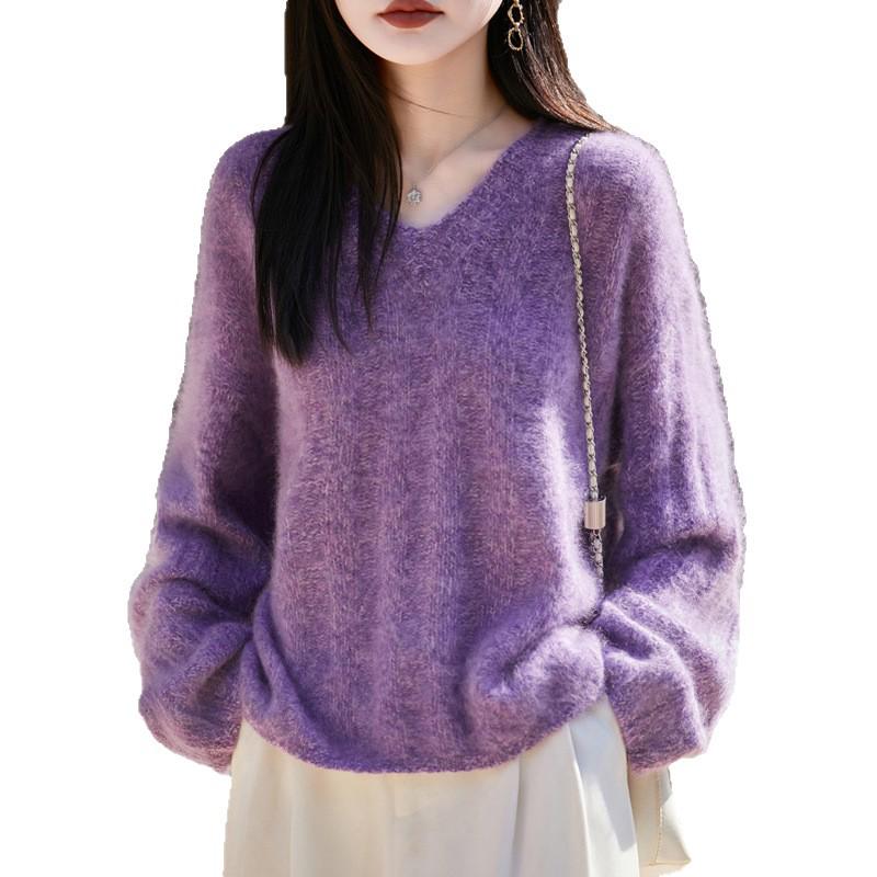 Women's V-Neck Pullover: Soft Heather Yarn, 5% Cashmere, 95% Wool - Cozy and Loose Fit for Autumn & Winter.