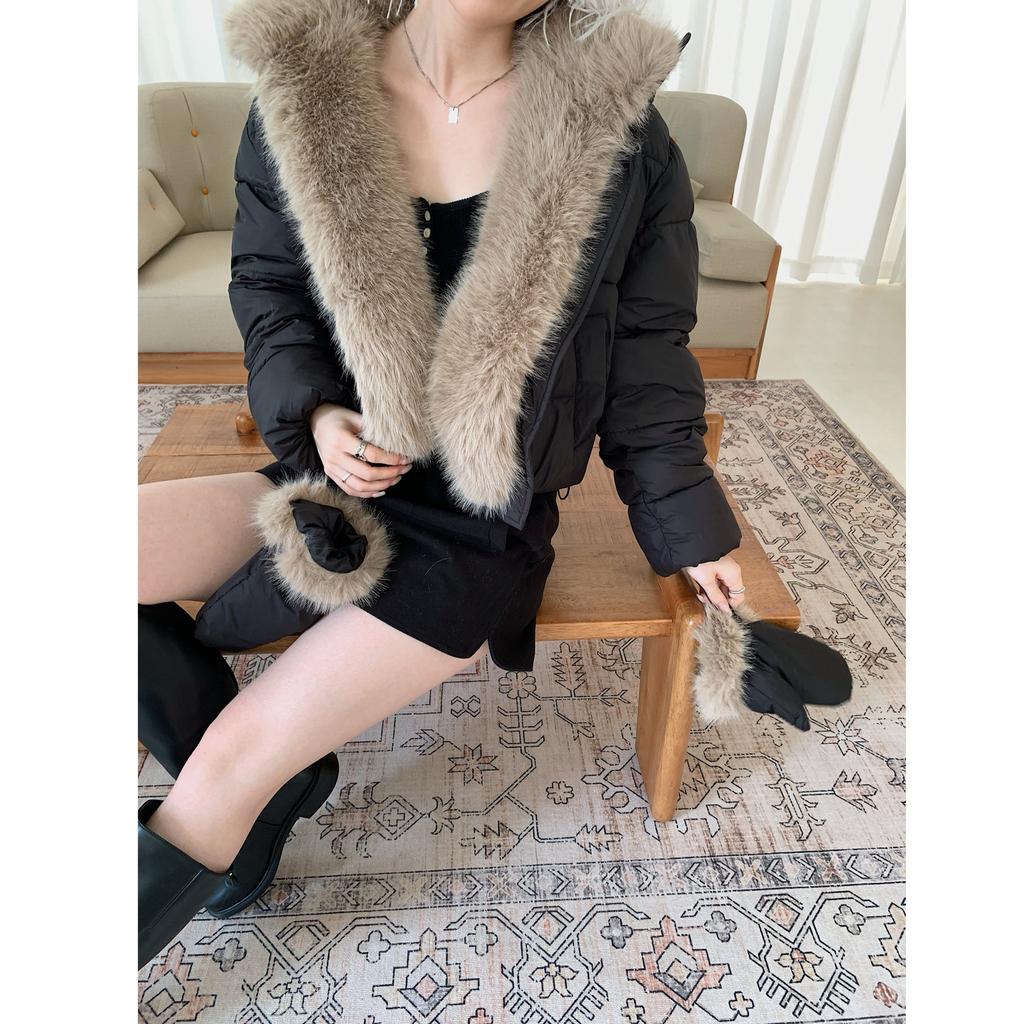 British style new thickened large fur collar warm cotton clothes women's fashion gloves short cotton-padded coat