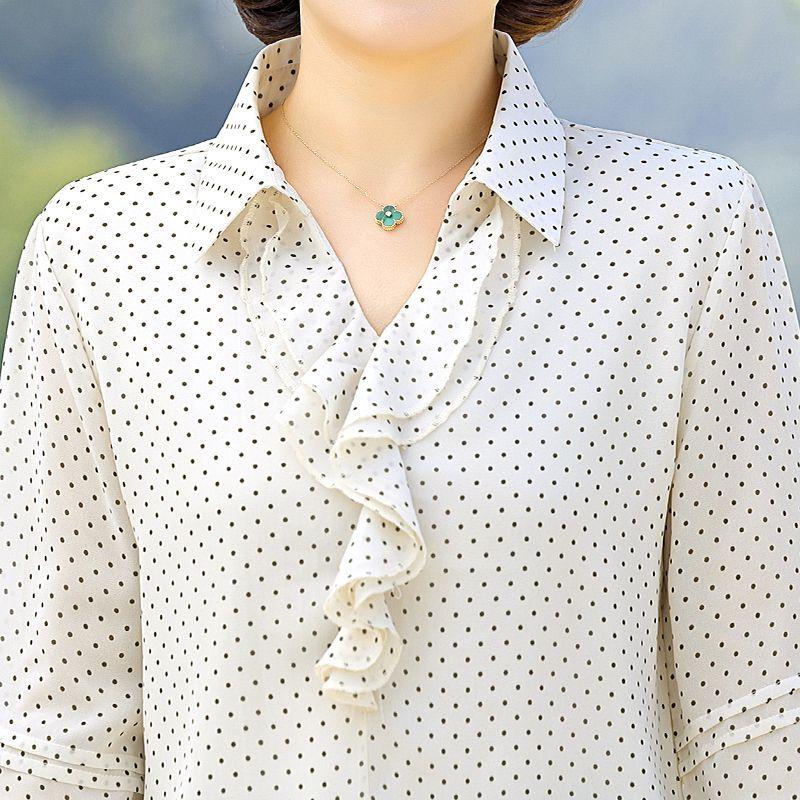 Bluză casual transparentă din șifon cu buline negre, guler rever, mânecă scurtă, volane, pentru femei de vârstă mijlocie