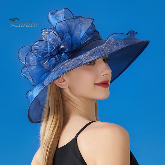 Chapeau de soleil à large bord en organza avec fleurs et plumes, protection UV, matériau translucide, pour femme