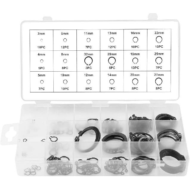 150pcs Black C-Clip Assortment Kit 3mm-32mm Internal/External Retaining Rings for Industrial Fasteners(18 Sizes with Box)