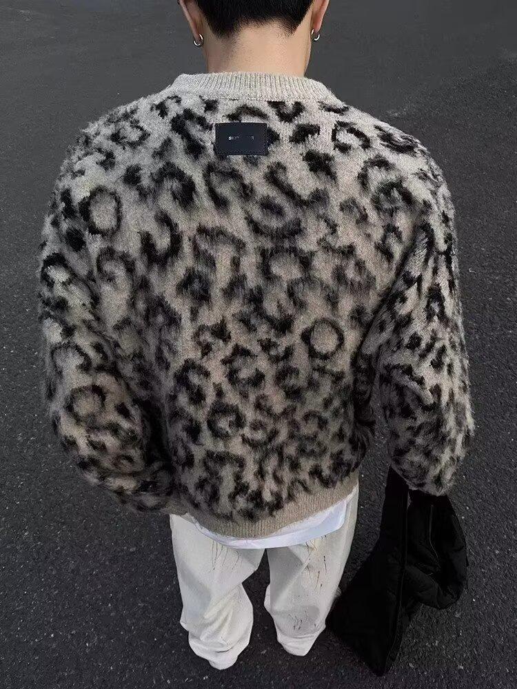 Men's Retro Leopard Print Sweater - High-End Color Block Knitwear