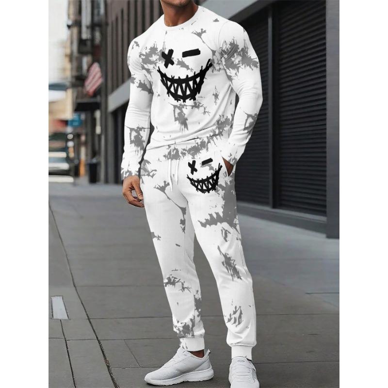 Men's Casual Sportswear Set/Long Sleeve Patterned T-Shirt and Drawstring Jogger/Breathable Polyester