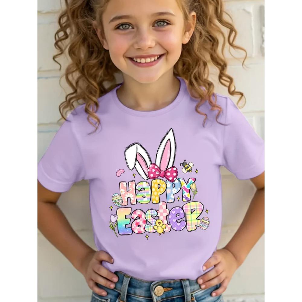 2026 Happy Easter T-Shirt for Girls Bunny Cute Rabbit Ear Letter Graphic Summer Tee Boys Girls Short Sleeve Children's Clothing
