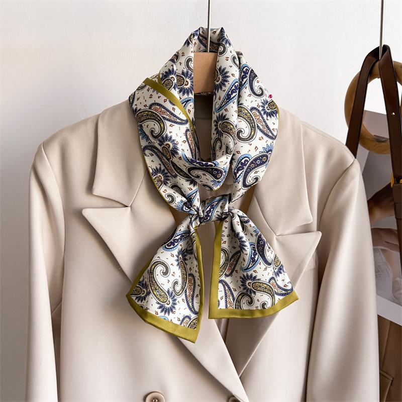 Women Silk Feel Printed Design Scarf Shawl Luxury Long Narrow Small Silk Scarves Ladies Headband Headscarve