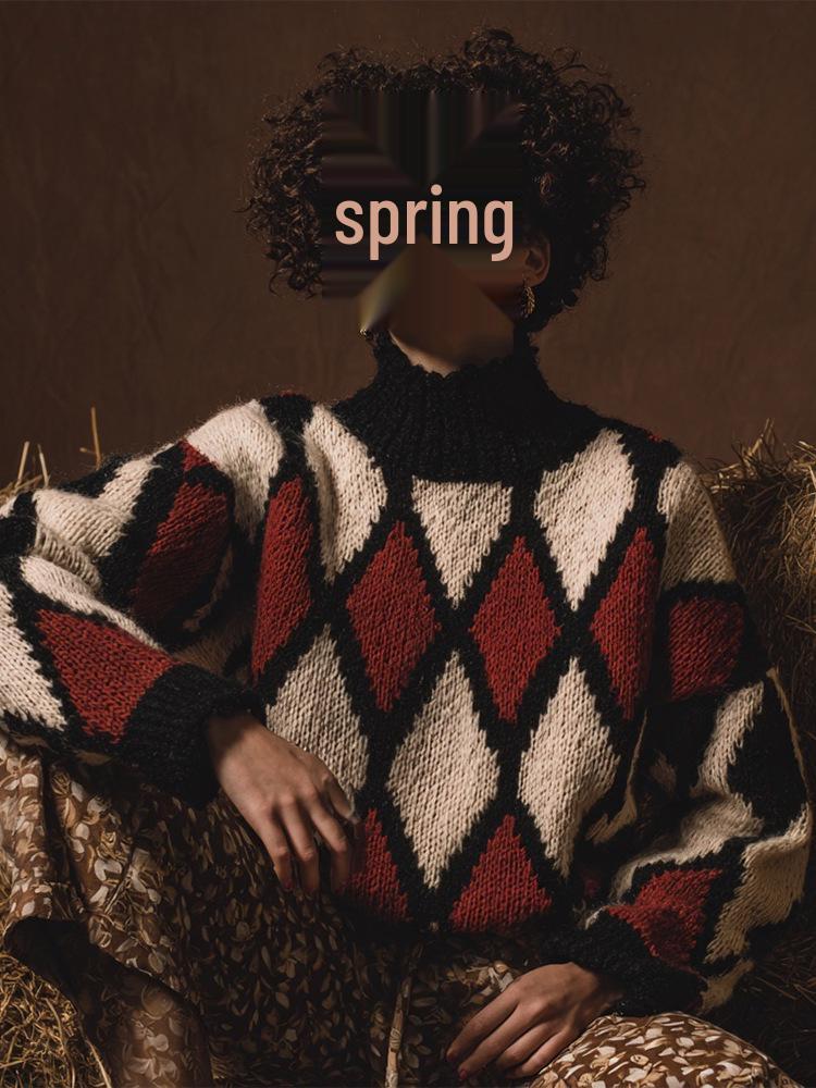 2025 Women's High Neck Jacquard Knit Sweater - Chunky European & American Style Pullover