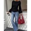 Spring Summer New Women's Solid Color Waist Cinched Boat Neck Flared Long Sleeve T-shirt Casual Fashion Streetwear Top