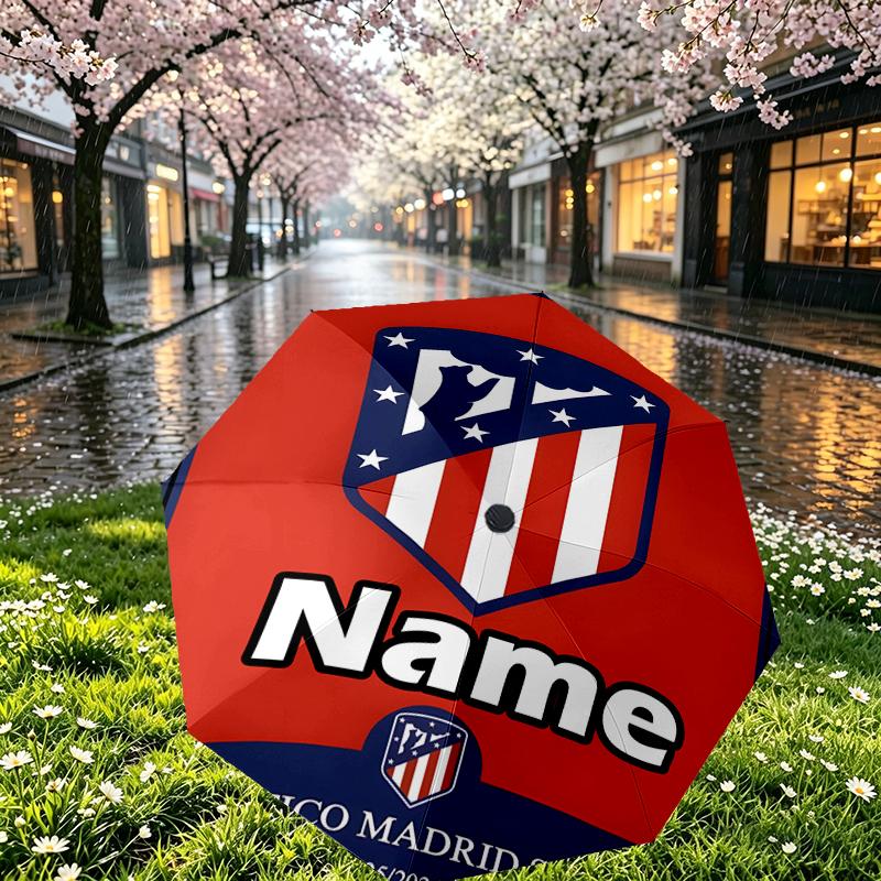 Custom Name Personalized Atletico Madrid Print Umbrella, Auto Open Close, 8‑Rib Sturdy Frame, Commute Camping Hiking Use, Birthday Gift