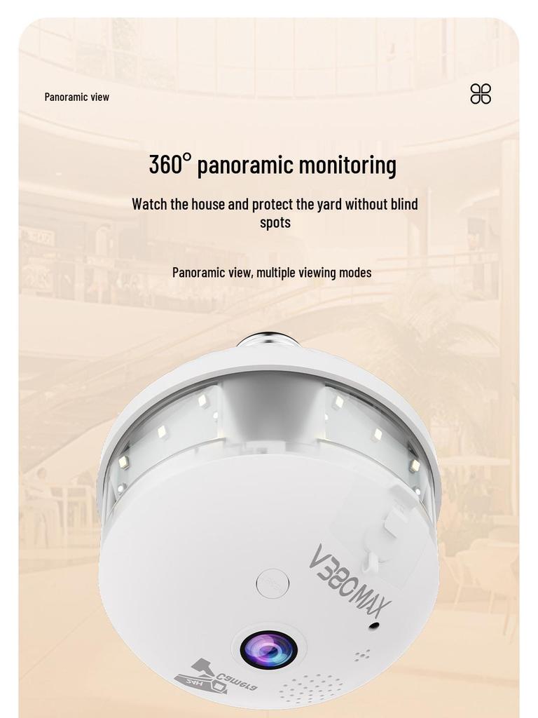 V380 Panoramic E27 Bulb Camera: Wireless WiFi, Mobile Remote, Dual Light, Night Vision, HD Surveillance