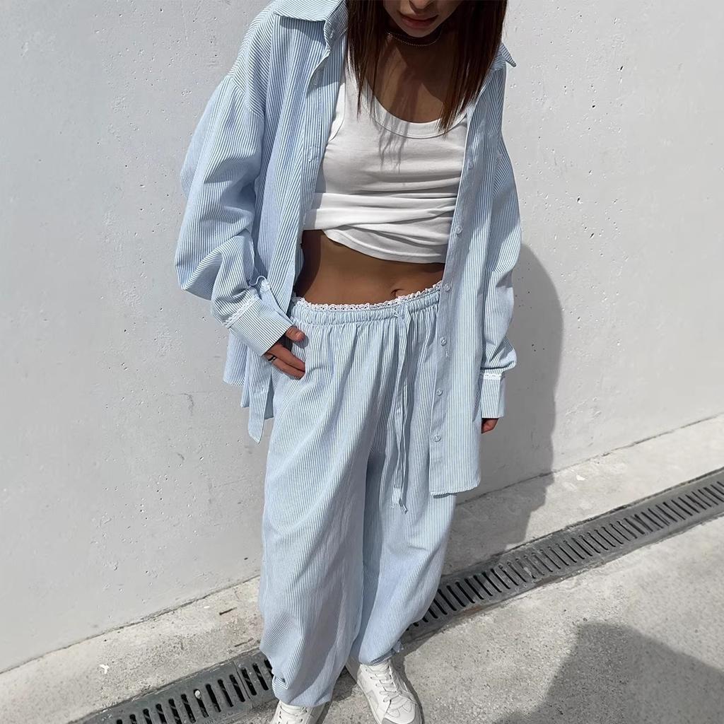 Spring New Women Vertical Stripe Shirt + Drawstring Pants Two Piece Set, Casual Striped Outfit Suits For Women