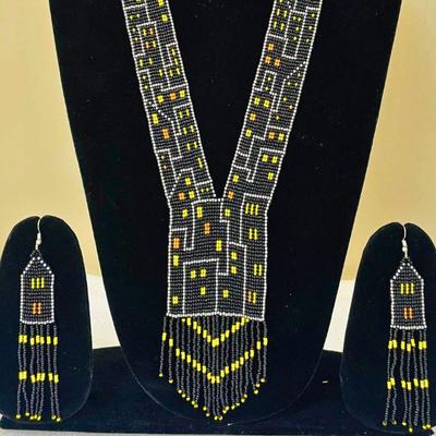 Beaded Fringe Necklace and Earring Set