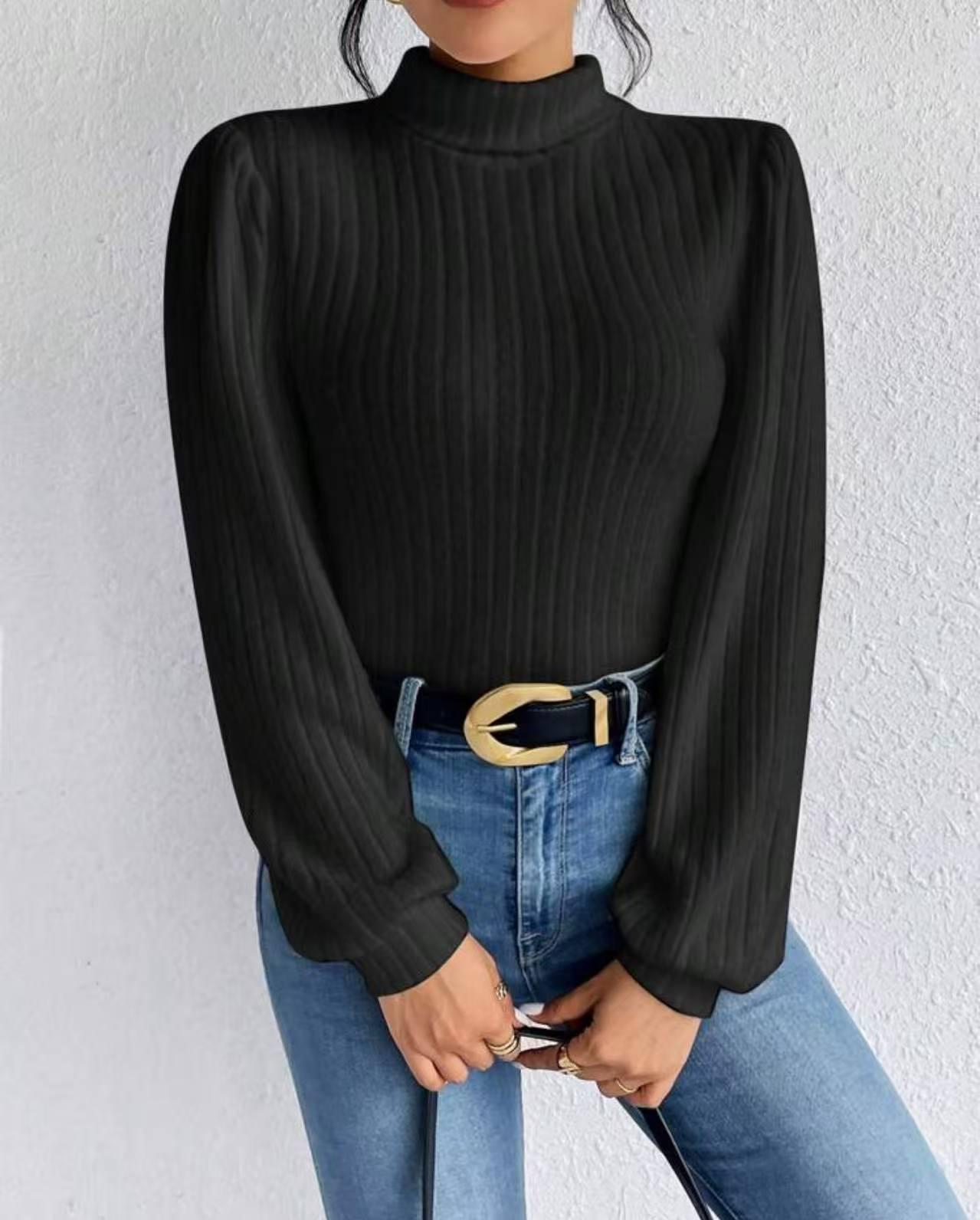 

European & American High Neck Lantern Sleeve Ribbed Knit Top Small чорний