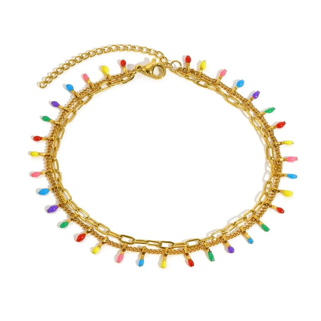 Women's Colored Double layer Anklet,Feet Chain Stainless Steel Anklets,Charm Ankle Bracelet Jewelry Gifts