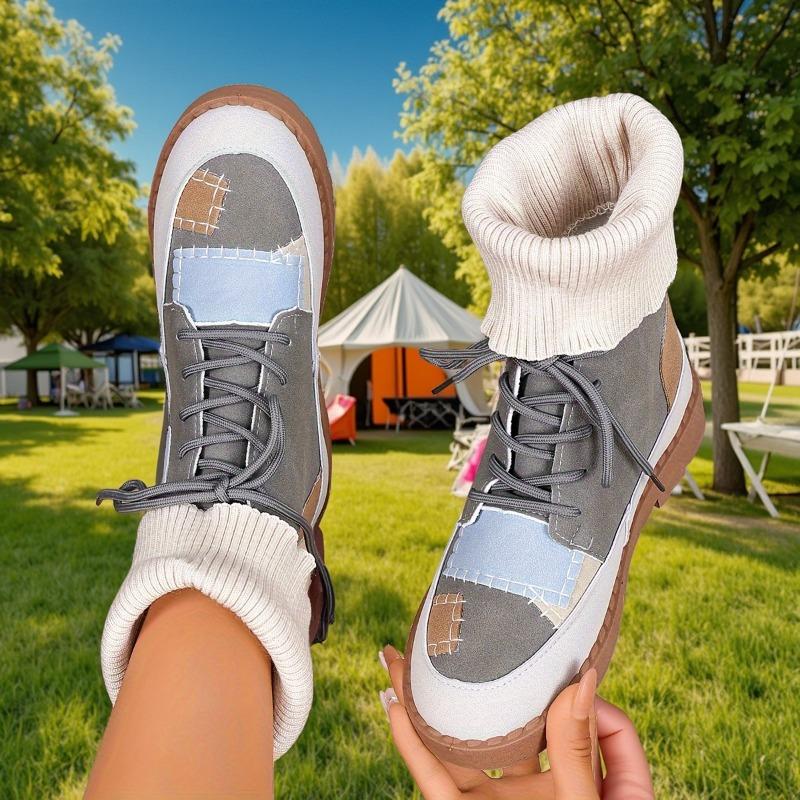 Beige & Blau Karierte Klobige Niedrige Absatz Schnürstiefeletten - Runde Zehenpartie Lässig Winter mit Sohle & Obermaterial aus Stoff