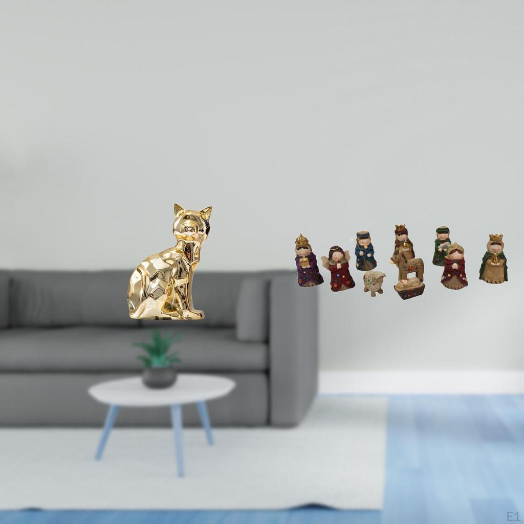 Cat Christmas Statue Decorative Figurine Animal Sculpture Art Craft Ornament Nativity Scene Figures