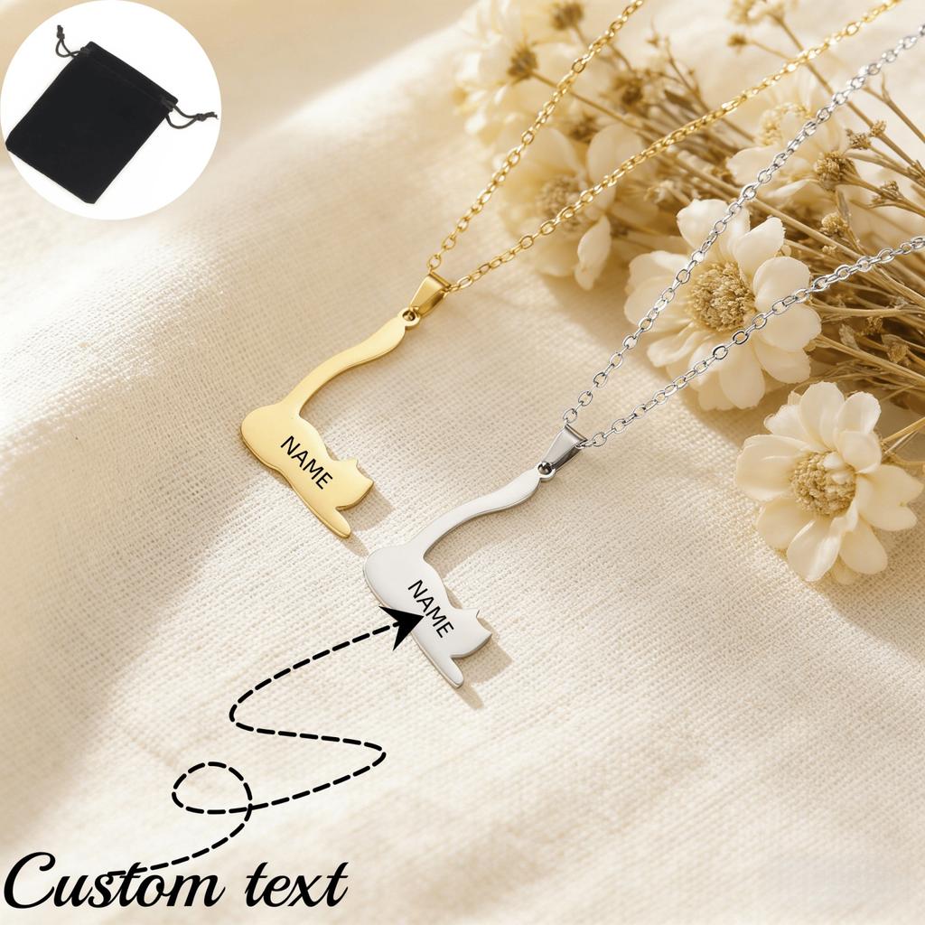 Customized Name Text Long Tail Lying Cat Necklace Stainless Steel Cat Enthusiast Hollow Animal Necklace Simple Jewelry