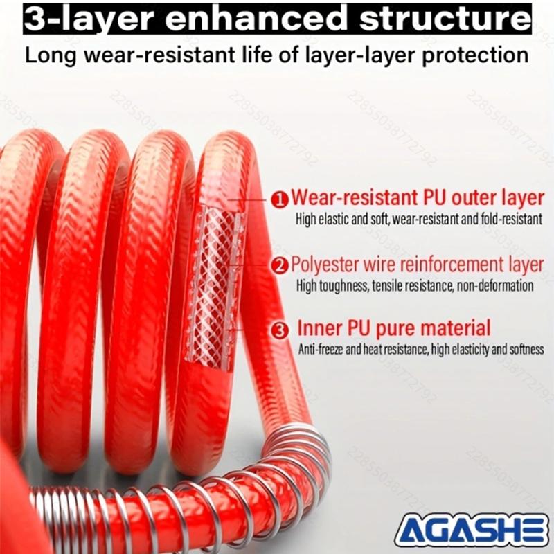 Air compressor hoses & accessories: 8mm high-pressure spring hose (15Bar, 5/10/15M). High-pressure PU yarn-wrapped, 3-layer poly