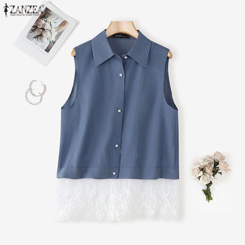 ZANZEA Women Summer Casual Lace Splice Loose Sleeveless Vest Tops