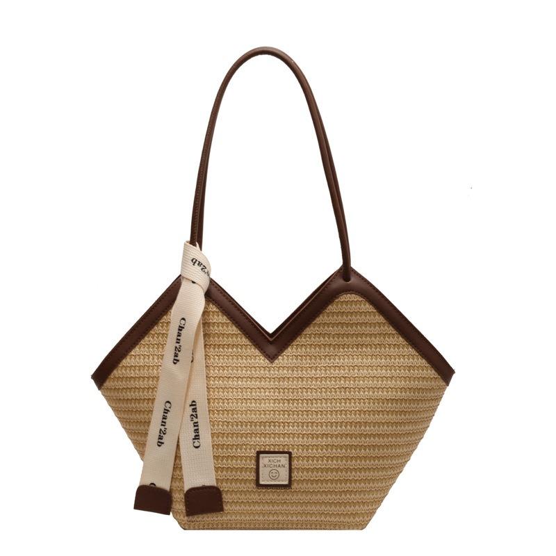 Premium Sense Large Capacity Straw Woven Bag Women's New Fashion Texture Shoulder Bag Vegetable Basket Commuter Tote Bag