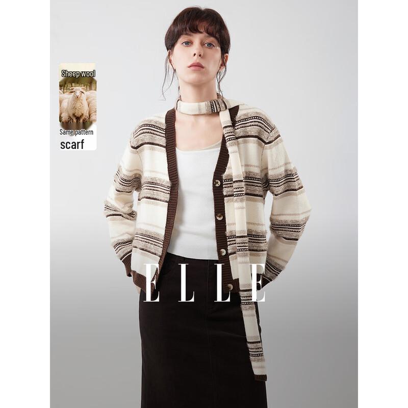 ELLE Retro Striped Lamb Wool V-Neck Cardigan L