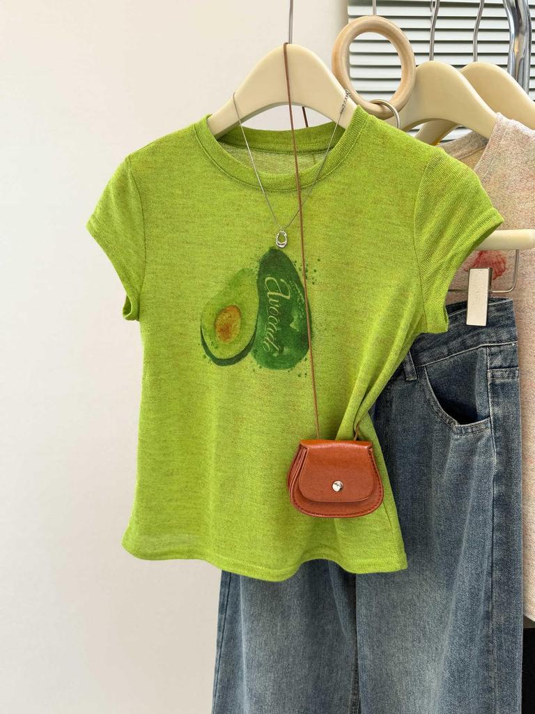 Women's 2025 Summer Slimming Printed Round Neck T-Shirt with Straight Shoulder Design and Short Sleeves