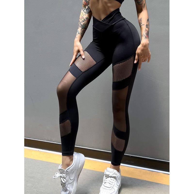 Fashion Mesh Fishnet Patchwork Fitness Yoga Tight Pants Sexy Highly Stretch High Waist Seamless Hip Lifting Breathable Quick-Drying