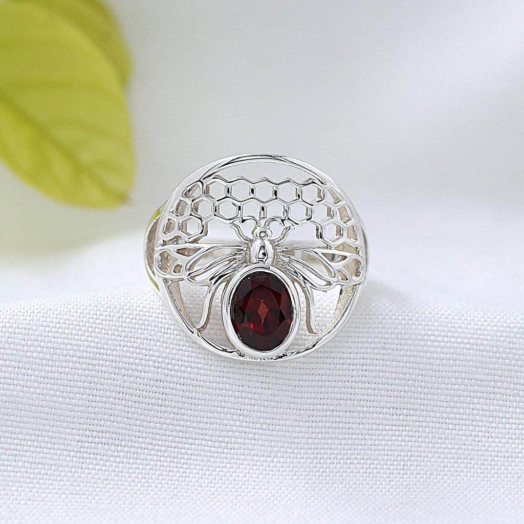 Honey Bee Garnet Silver Ring 925 Sterling Silver Jewelry Handmade Ring