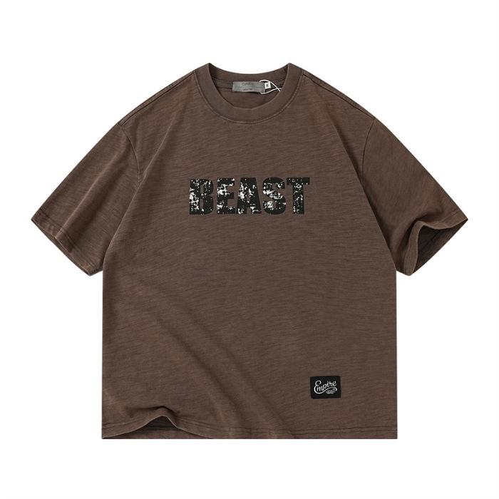 New Summer Pure Cotton Men's T-plate Bamboo Joint Cotton Ice-sensing Wash Water Heavy Printed T-shirt Short-sleeved