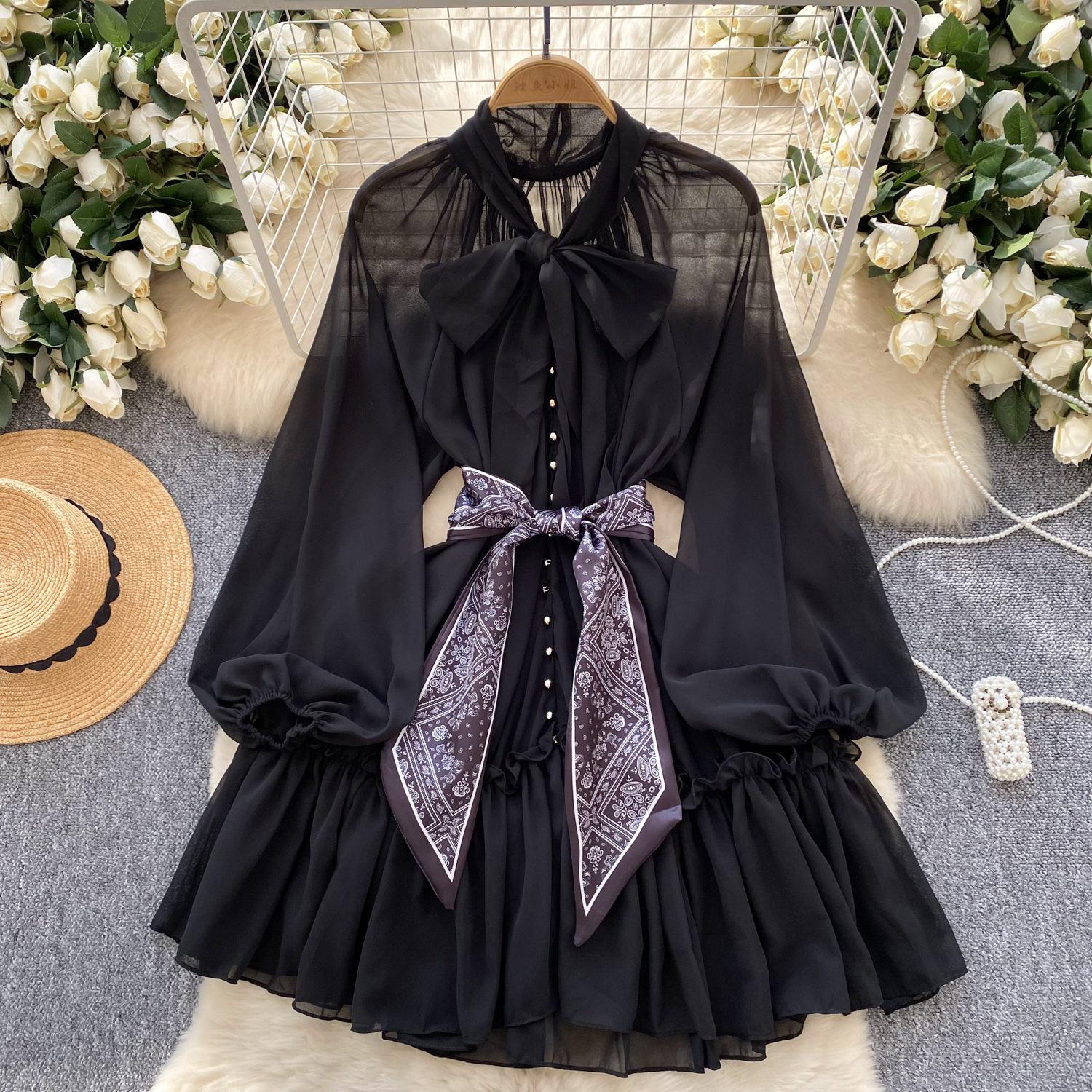 

Жіноча сукня з елегантним шарфом і зав’язкою, рукавом-ліхтариком, леопардовою сіткою, короткі сукні А-силуету One size чорний