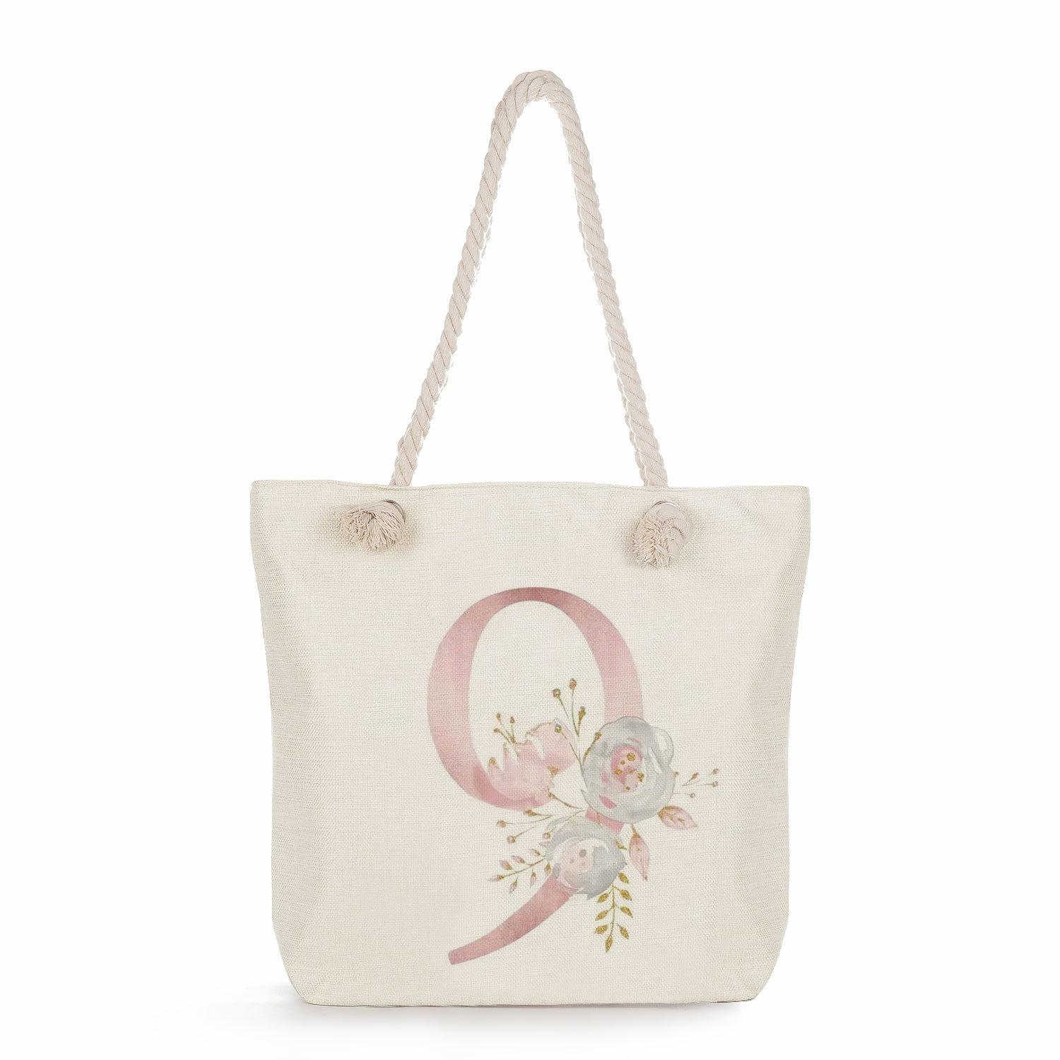 

White background numbers print thick rope single-shoulder beach bag 7224