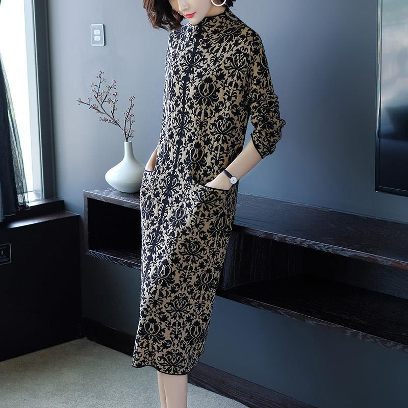 Autumn Winter New High-end Temperament Long-sleeved Jacquard Knitted Dress Women's Slim Long Base Sweater Dress Pullover High Neck Sweater