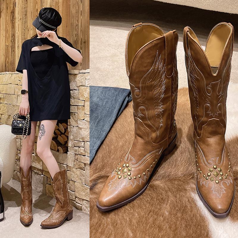 Studded Western Cowboy Boots Boots for Women Autumn Zip Embroidered Pointed Toe Shoes Chunky Heel Mid Calf Knight Boots