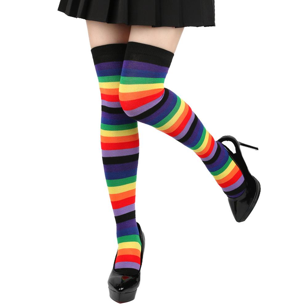 Rainbow Striped Long Tube Socks Over-the-Knee Socks Women Festival Party Costume Accessories Performance Dance Colorful Striped Socks Wholesale