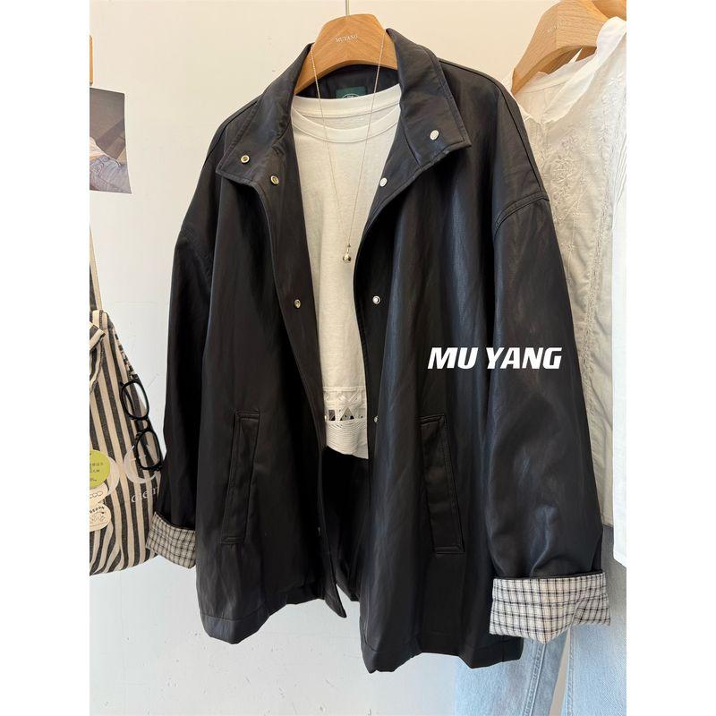 

Muyang Крутая Леди Юцзе Миди Длина Клетчатый Рукав Протеин ПУ Кожа Мягкая Кожа Весна Новинка Black All yards