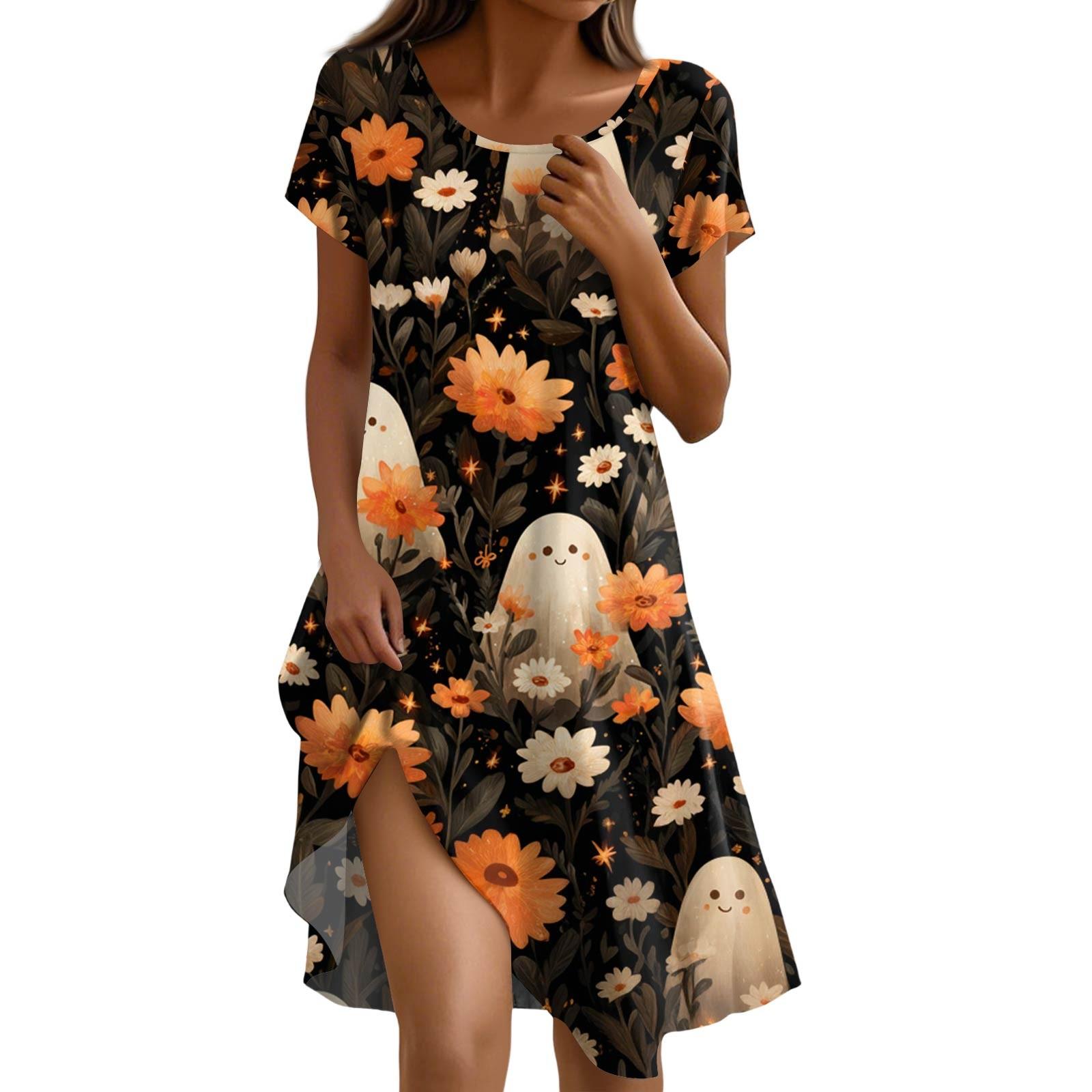 

Платье с коротким рукавом для женщин, повседневное, свободного кроя, летний сарафан, платье с принтом и карманами L оранжевый