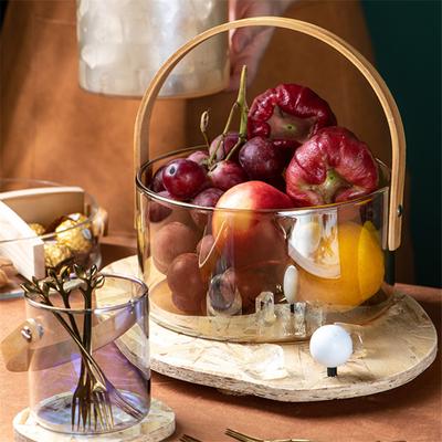 Portable Transparent Glass Fruit Plate | Ice Wine Bucket | Salad Bowl | Snack Storage Basket with Wooden Handle