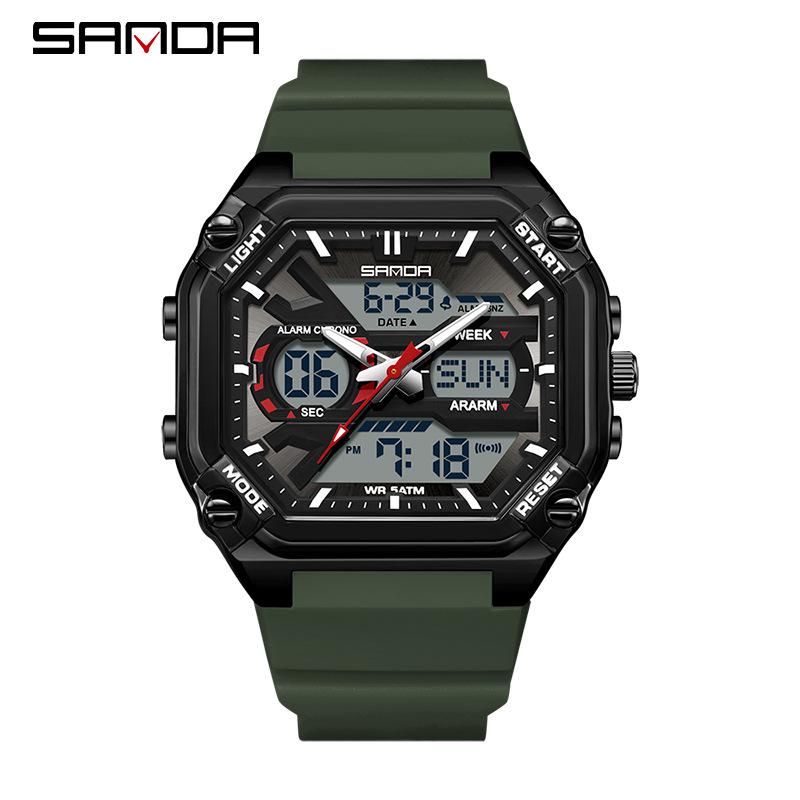 Sanda Men's Multifunctional Waterproof Electronic Watch - Trendy Timer with Dual Display & Three-Time Zone Outdoor Alarm.