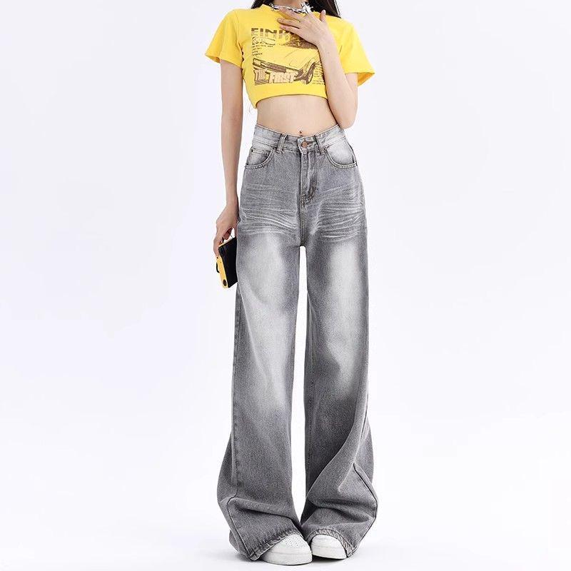 Distressed Gray Mocha Retro Wide-Leg Jeans for Women