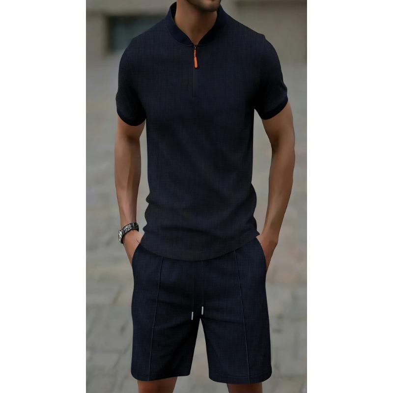 Men Casual Sports Waffle Short Sleeve And Shorts Two Piece Set
