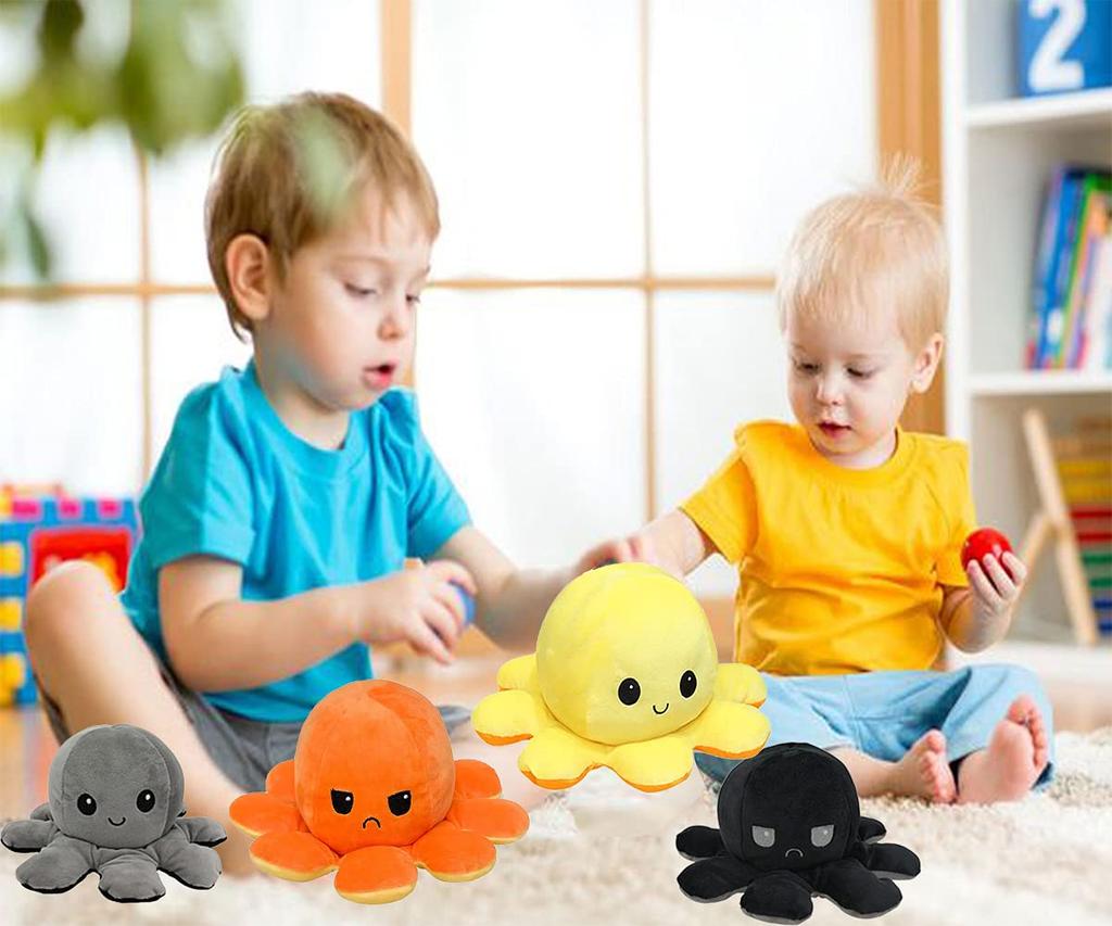 Wende-Oktopus Plüschtier, Doppelseitige Wende-Oktopus Puppe, 20cm Flauschiges Plüschtier mit Wütendem und Lächelndem Gesicht, Lustiges Geschenk (Himmelblau & Rosa)