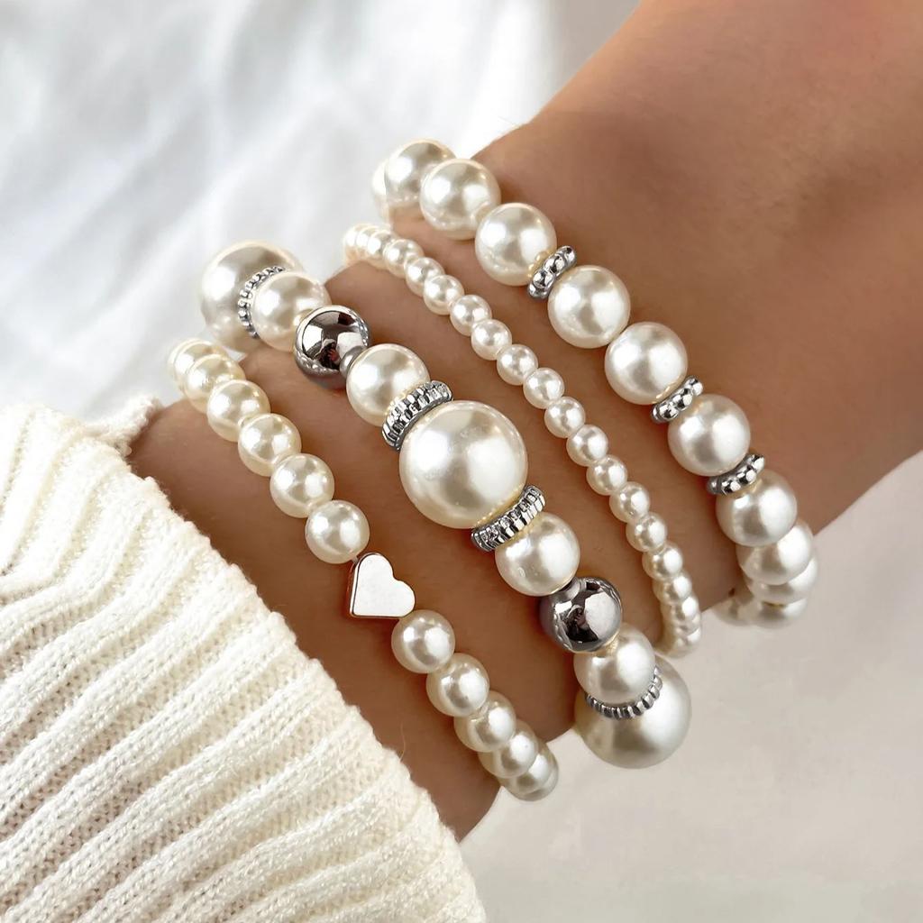DIEZI 3 Colors Ethnic CCB Imitation Pearl Heart Beads Strand Bracelets Bohemian Rope Bracelet Set For Women Men Party Jewelry