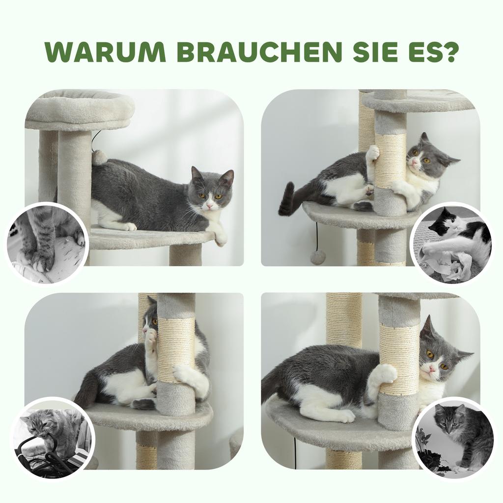 Cat Tree 114 cm Cat Tower with Cave, Sisal Posts, Platform, Multi-Level for Medium-Sized Cats Under 6 kg, Light Grey