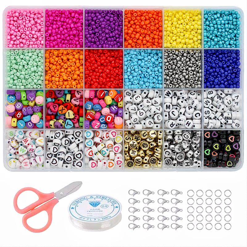 24-Compartment Boxed Glass Beads Set, Solid Color Loose Beads for DIY Jewelry Accessories