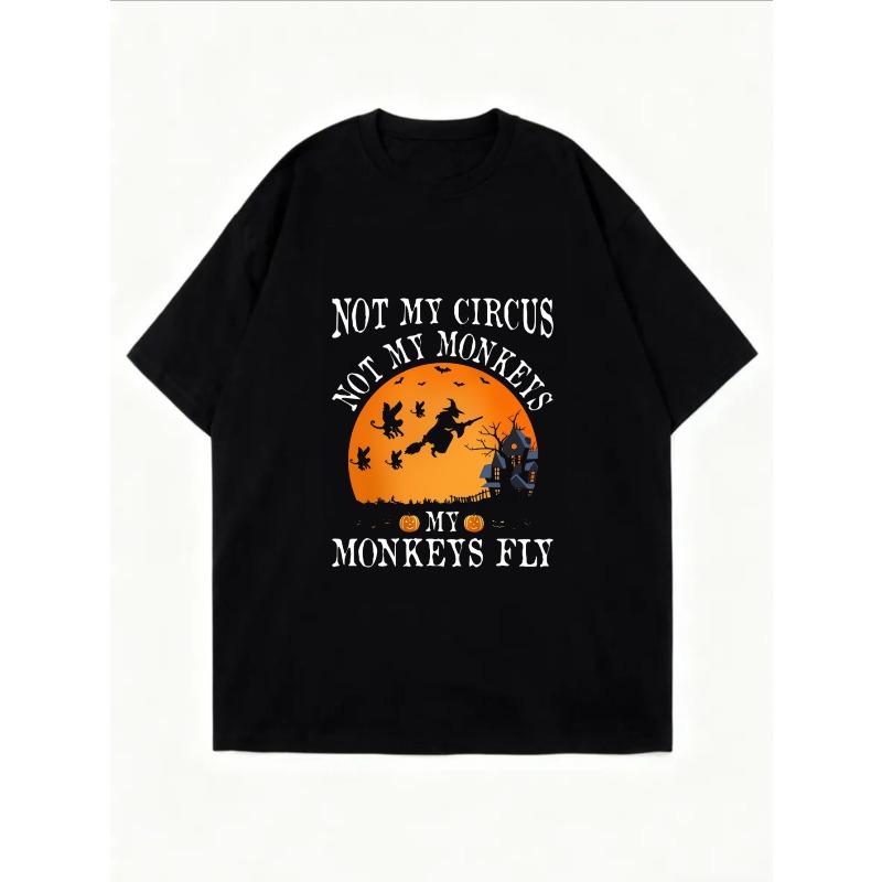 White Oversized T-Shirt With Halloween Pumpkin Witch And Monkeys Print Not My Circus Not My Monkeys My Monkeys Fly Graphic Tee For Casual Wear