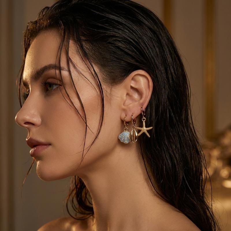 Bohemian Starfish Hoop Earrings Set Gold Beach Jewelry For Women Summer Vacation Accessories