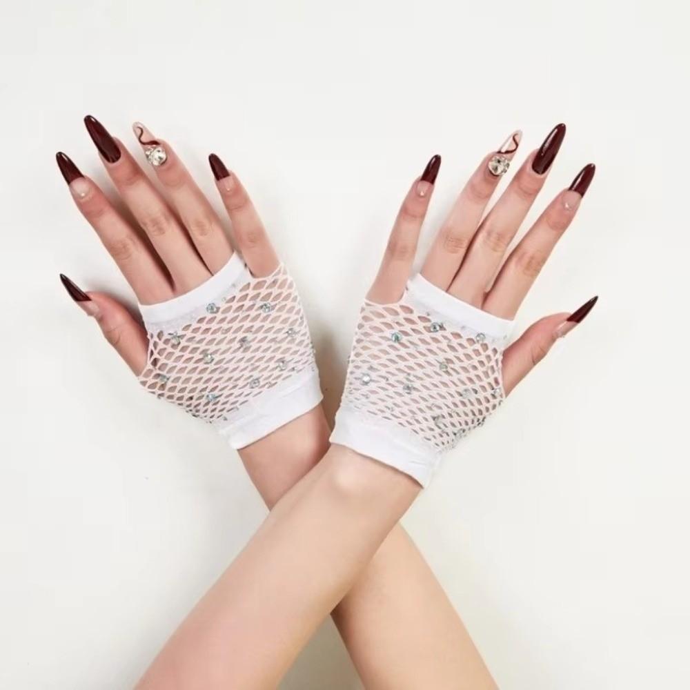 Fishnet Design Rhinestone Gloves Shiny Decor Short Gloves New Fingerless Gloves Dance Performance
