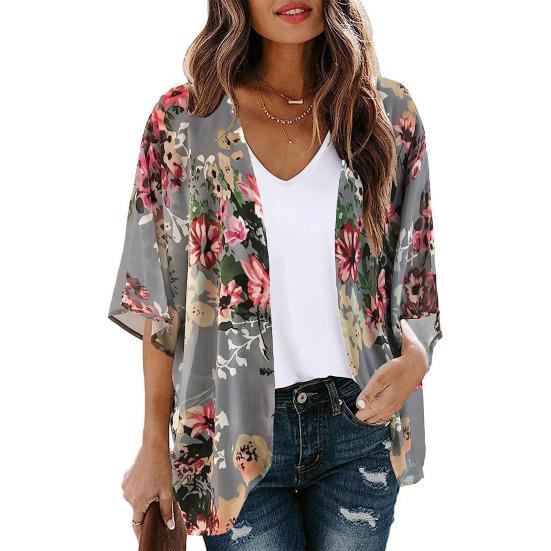Women Beach Shirt Flower Print Thin Soft Short Sleeve Open Stitch Loose Breathable Sun Protection Anti-UV Lady Beach Cover-up